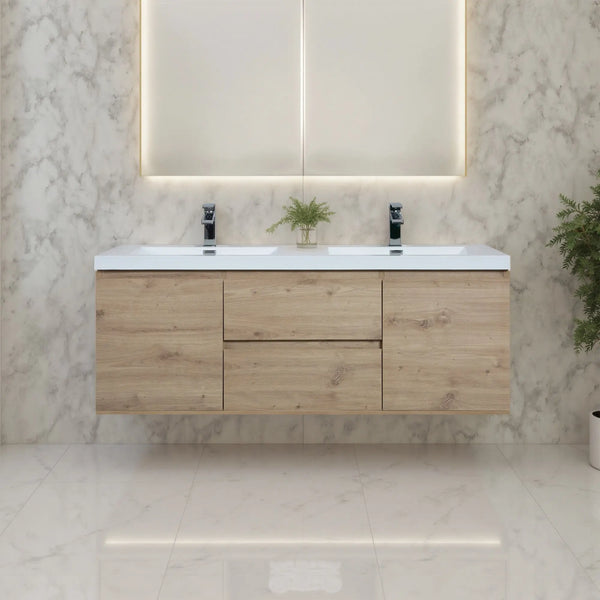 Angela 60'' Floating Double Vanity in Andean Oak Texture with White Countertop TONA Bathroom Furniture