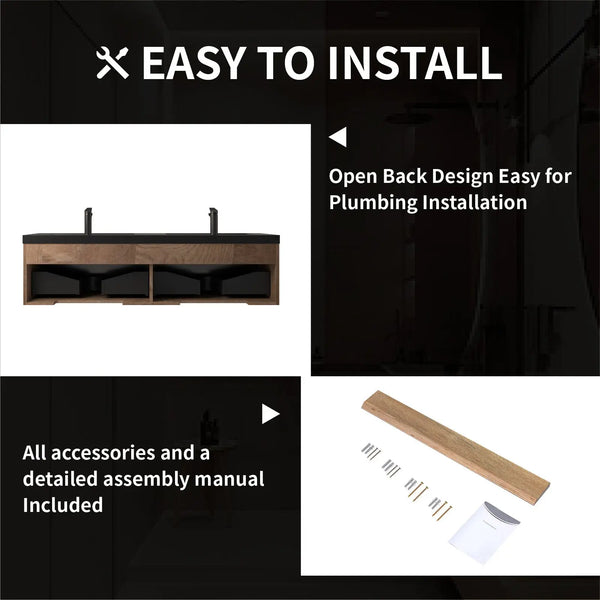 Crius 60'' Black Floating Double Vanity with Black Quartz Countertop TONA Bathroom Furniture