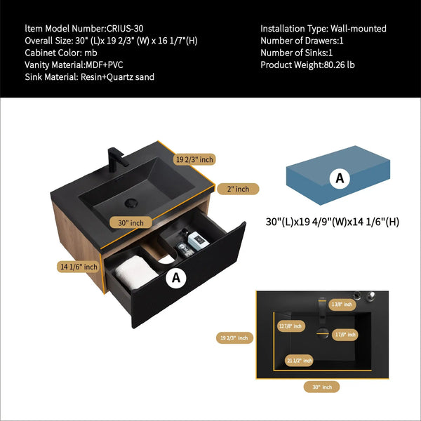 Crius 30'' Black Floating Single Vanity with Black Quartz Countertop TONA Bathroom Furniture