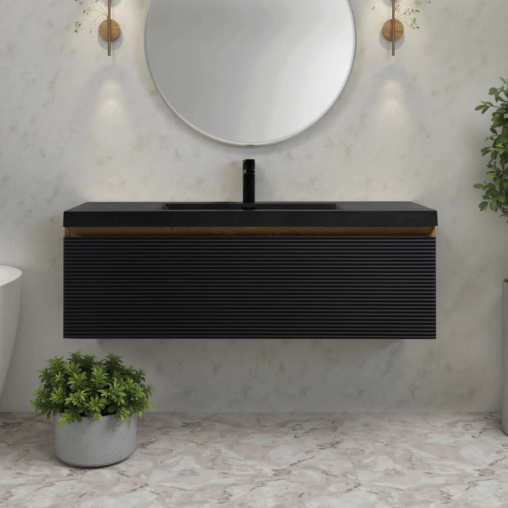 Crius 48'' Black Floating Single Vanity with Black Quartz Countertop TONA Bathroom Furniture