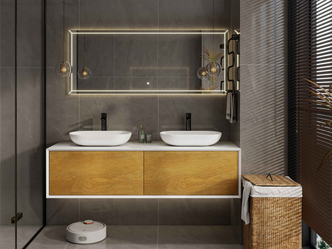 modern bathroom with Fiona floating double vanity in wood finish