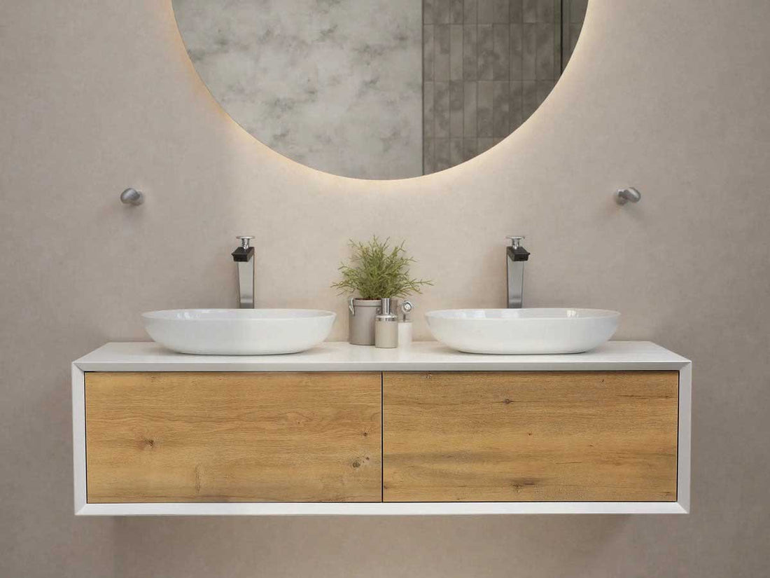 Modern floating double vanity displayed at bathroom vanity stores in Los Angeles.