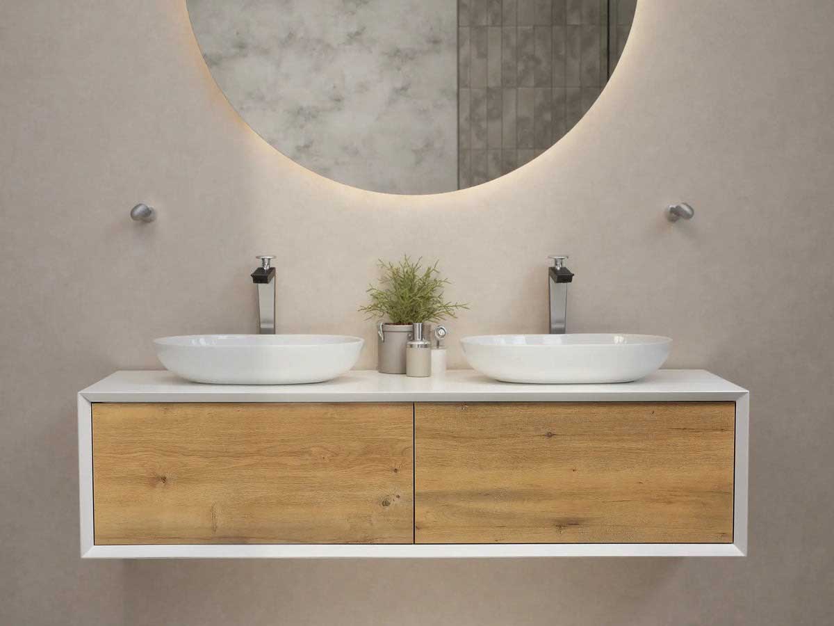 Modern floating double vanity displayed at bathroom vanity stores in Los Angeles.