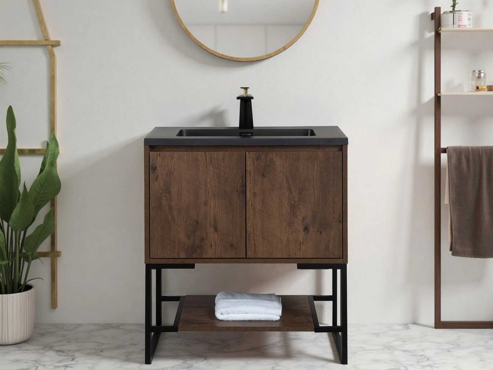 TONA modern floating bathroom vanity in light oak finish with integrated double black quartz sink and soft-close drawers.