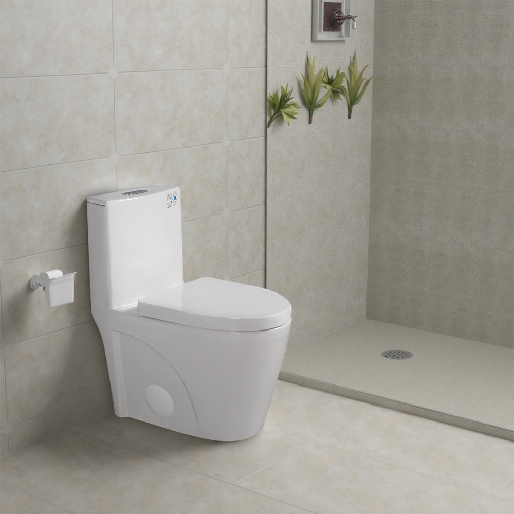 Glossy White One-Piece Ceramic Toilet 1.1/1.6 GPF Dual Flush with Soft Close Seat TONA Bathroom Furniture