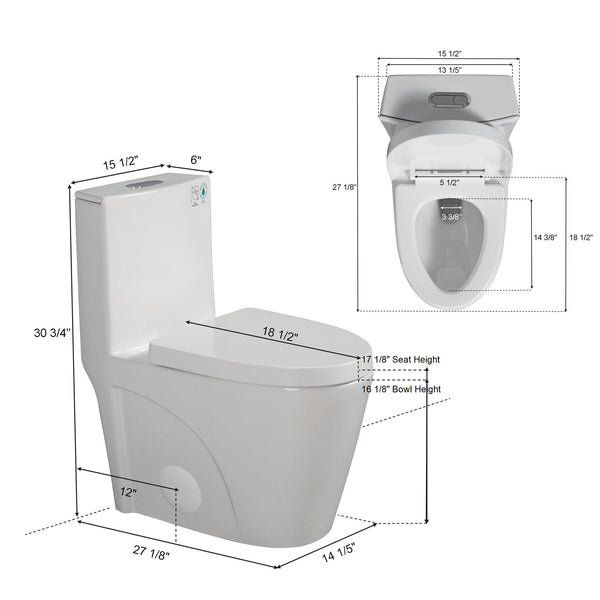 Glossy White One-Piece Ceramic Toilet 1.1/1.6 GPF Dual Flush with Soft Close Seat TONA Bathroom Furniture