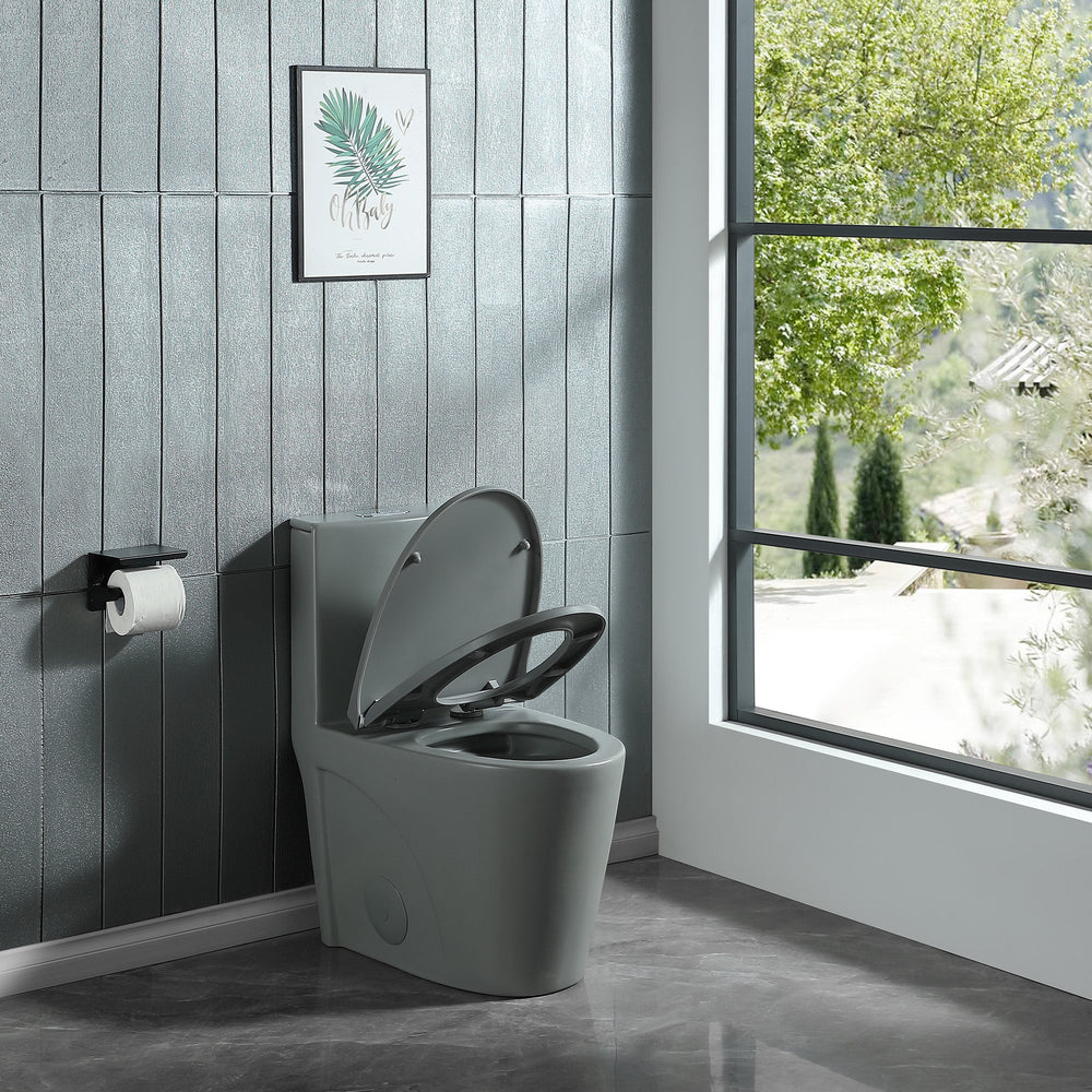 Light Grey One-Piece Ceramic Toilet 1.1/1.6 GPF Dual Flush with Soft Close Seat TONA Bathroom Furniture