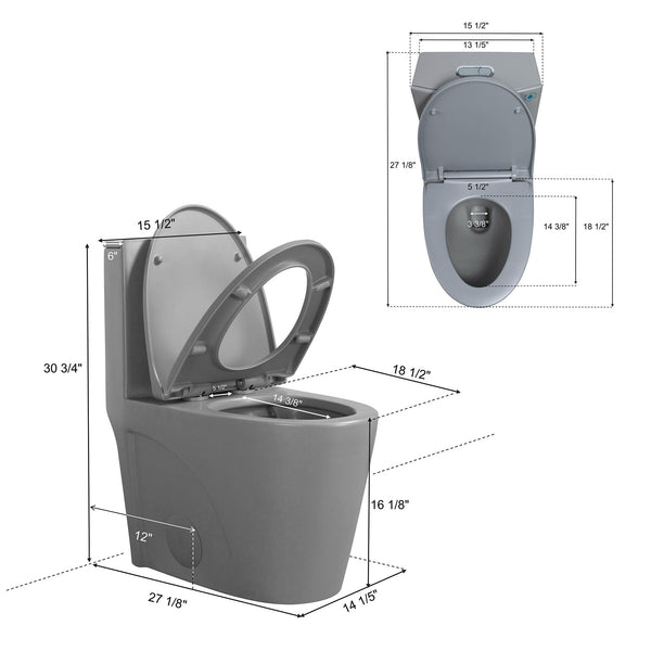 Light Grey One-Piece Ceramic Toilet 1.1/1.6 GPF Dual Flush with Soft Close Seat TONA Bathroom Furniture