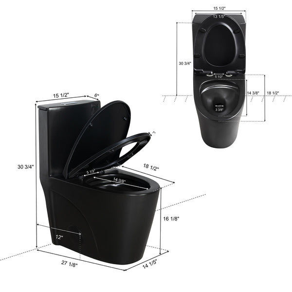 Matte Black One-Piece Ceramic Toilet 1.1/1.6 GPF Dual Flush with Soft Close Seat TONA Bathroom Furniture