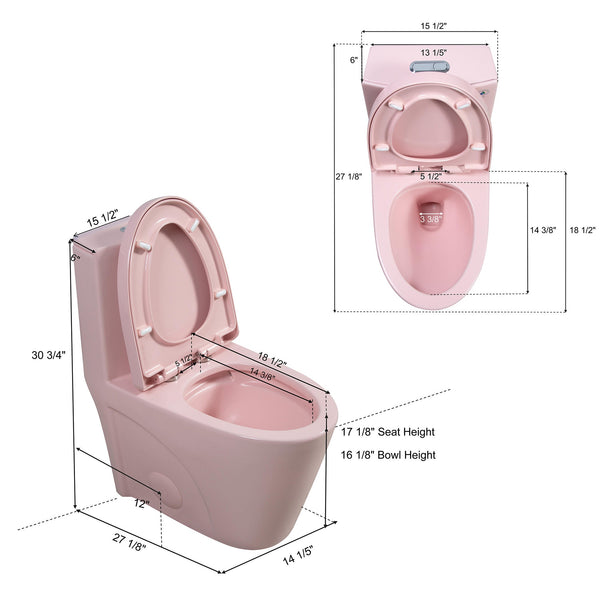 Pink One-Piece Ceramic Toilet 1.1/1.6 GPF Dual Flush with Soft Close Seat TONA Bathroom Furniture