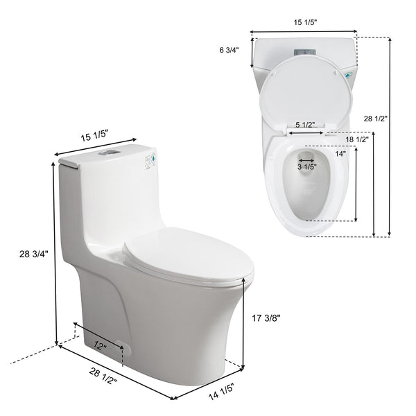 Glossy White Siphonic 1.6 GPF Dual Flush Ceramic One-Piece Toilet with Soft Close Seat TONA Bathroom Furniture
