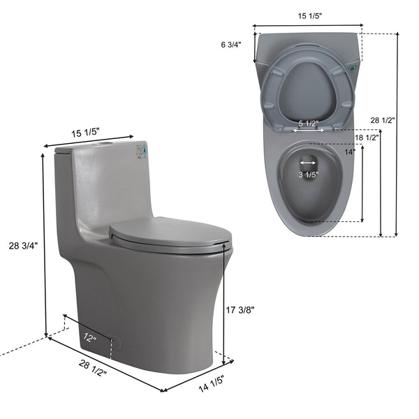 Light Grey Siphonic 1.6 GPF Dual Flush Ceramic One-Piece Toilet with Soft Close Seat TONA Bathroom Furniture