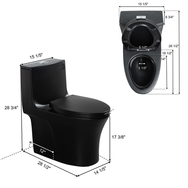 Matte Black Siphonic 1.6 GPF Dual Flush Ceramic One-Piece Toilet with Soft Close Seat TONA Bathroom Furniture