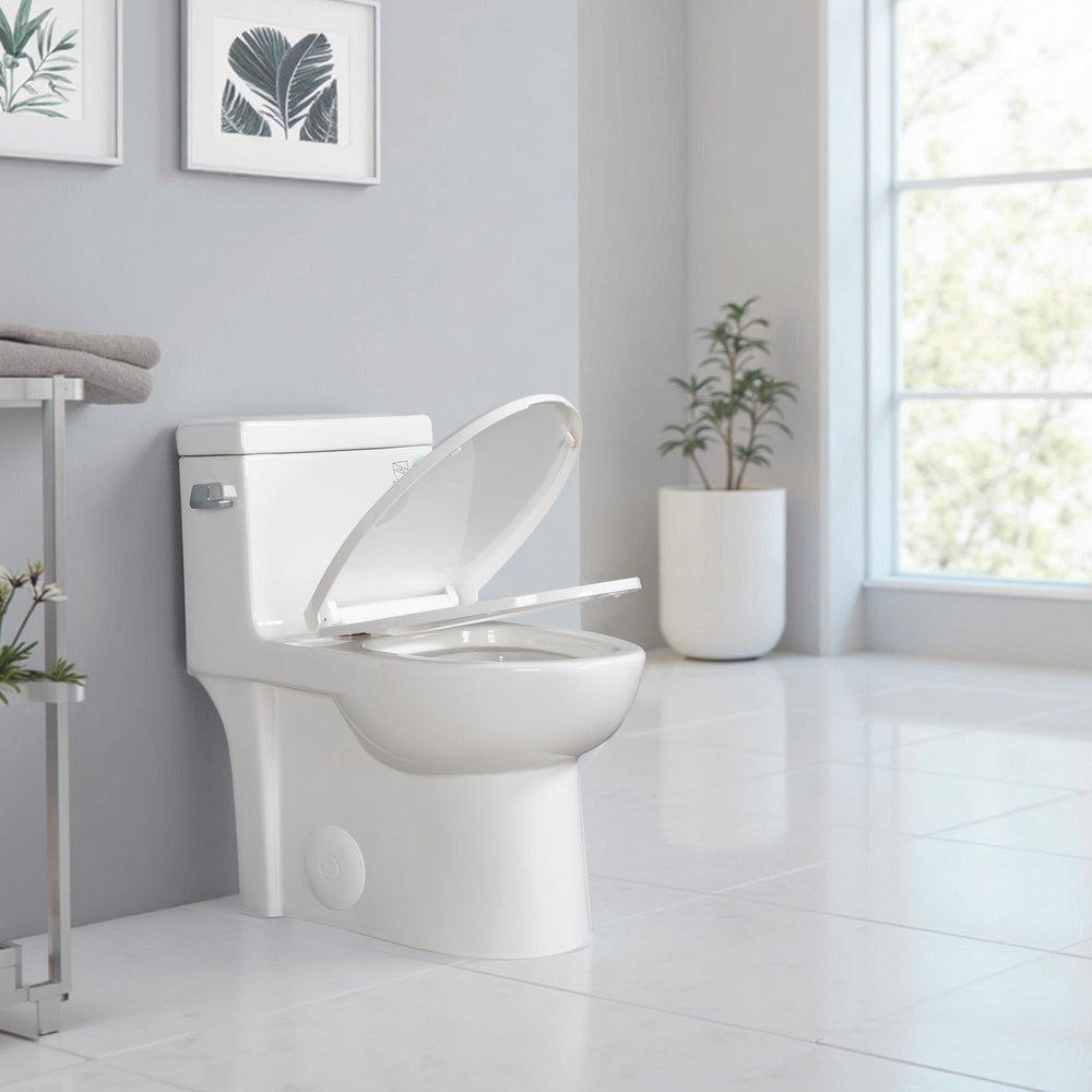 High-Efficiency 1.28 GPF Siphonic One-Piece Toilet Glossy White with Soft-Close Seat TONA Bathroom Furniture