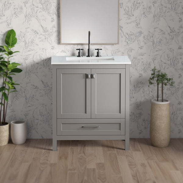 Light Grey 30'' Solid Wood Single Sink Bathroom Vanity with Marble Countertop