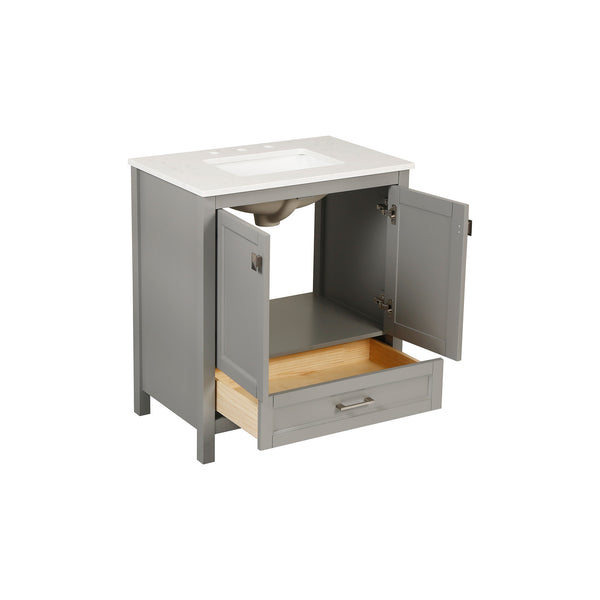 Light Grey 30'' Solid Wood Single Sink Bathroom Vanity with Marble Countertop