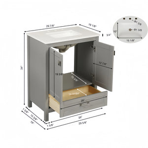 Light Grey 30'' Solid Wood Single Sink Bathroom Vanity with Marble Countertop