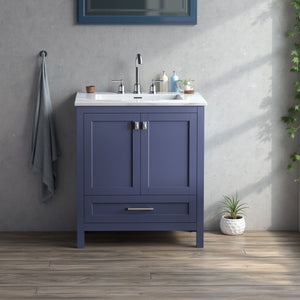 Navy Blue 30'' Solid Wood Single Sink Bathroom Vanity with Marble Countertop