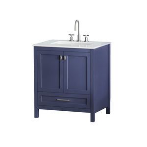 Navy Blue 30'' Solid Wood Single Sink Bathroom Vanity with Marble Countertop