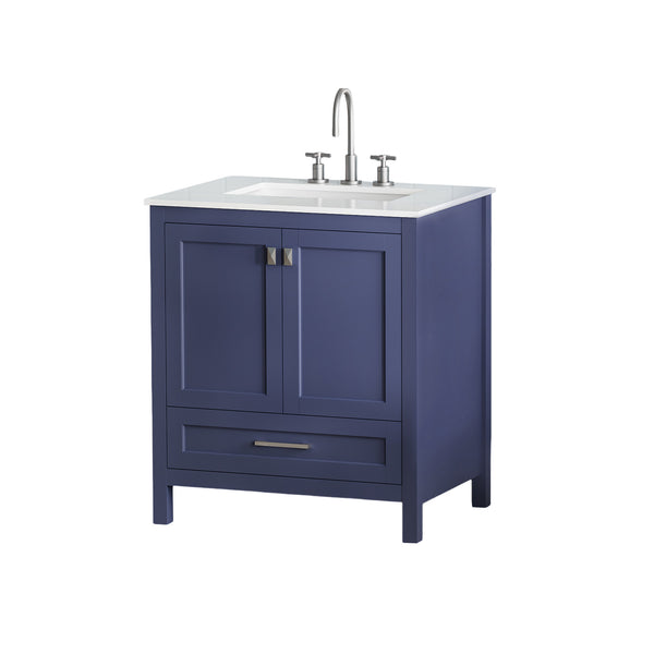 Navy Blue 30'' Solid Wood Single Sink Bathroom Vanity with Marble Countertop