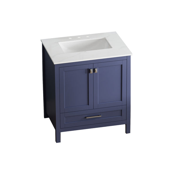 Navy Blue 30'' Solid Wood Single Sink Bathroom Vanity with Marble Countertop TONA Bathroom Furniture