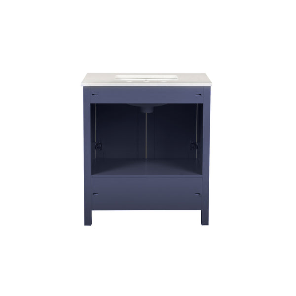 Navy Blue 30'' Solid Wood Single Sink Bathroom Vanity with Marble Countertop