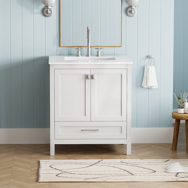 White 30'' Solid Wood Single Sink Bathroom Vanity with Marble Countertop