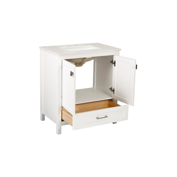 White 30'' Solid Wood Single Sink Bathroom Vanity with Marble Countertop