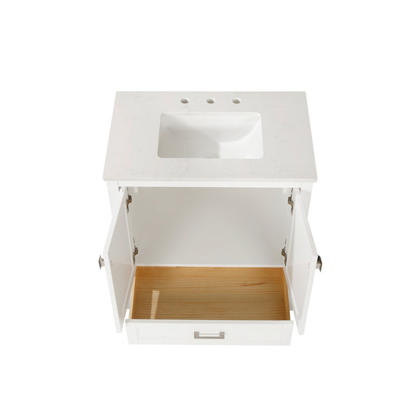 White 30'' Solid Wood Single Sink Bathroom Vanity with Marble Countertop