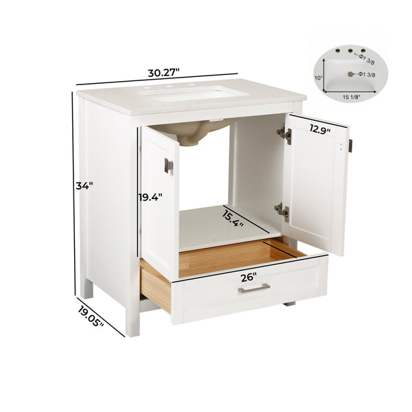 White 30'' Solid Wood Single Sink Bathroom Vanity with Marble Countertop