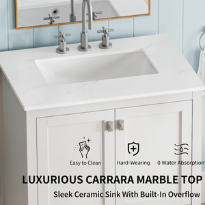 White 30'' Solid Wood Single Sink Bathroom Vanity with Marble Countertop