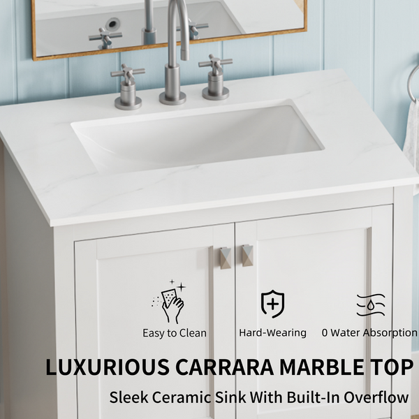 White 30'' Solid Wood Single Sink Bathroom Vanity with Marble Countertop