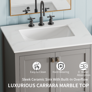 Light Grey 30'' Solid Wood Single Sink Bathroom Vanity with Marble Countertop