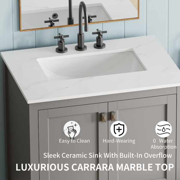 Light Grey 30'' Solid Wood Single Sink Bathroom Vanity with Marble Countertop