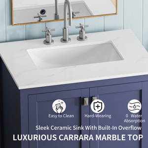 Navy Blue 30'' Solid Wood Single Sink Bathroom Vanity with Marble Countertop