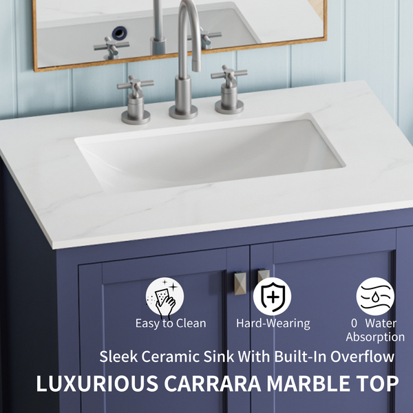 Navy Blue 30'' Solid Wood Single Sink Bathroom Vanity with Marble Countertop