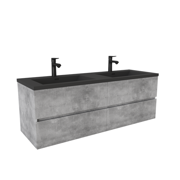 Edi 60'' Cement Grey Double Sink Floating Bathroom Vanity with Black Quartz Countertop TONA Bathroom Furniture