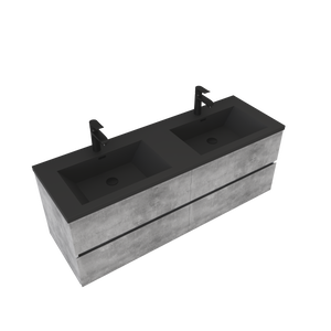 Edi 60'' Cement Grey Double Sink Floating Bathroom Vanity with Black Quartz Countertop TONA Bathroom Furniture
