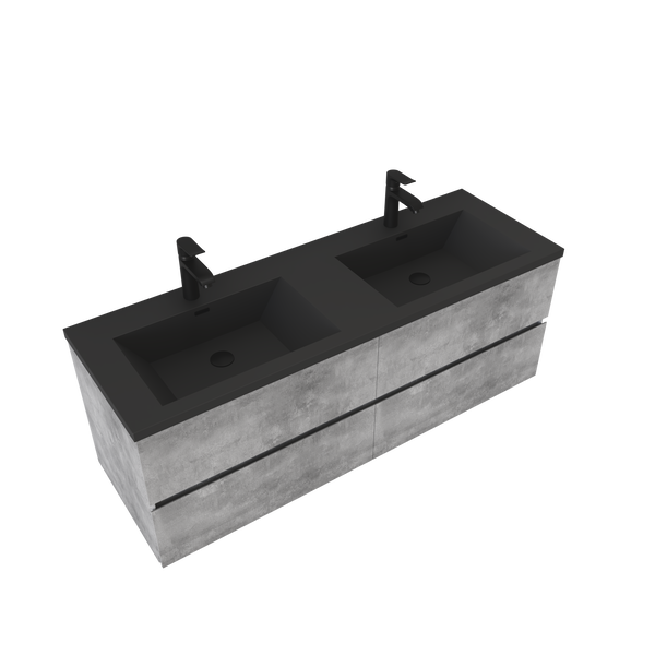 Edi 60'' Cement Grey Double Sink Floating Bathroom Vanity with Black Quartz Countertop TONA Bathroom Furniture