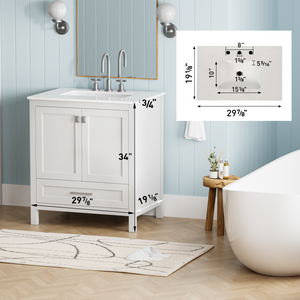 White 30'' Solid Wood Single Sink Bathroom Vanity with Marble Countertop