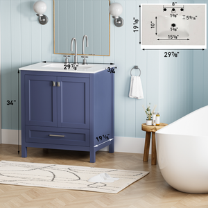 Navy Blue 30'' Solid Wood Single Sink Bathroom Vanity with Marble Countertop