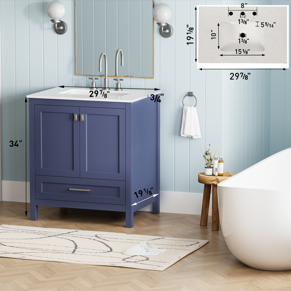 Navy Blue 30'' Solid Wood Single Sink Bathroom Vanity with Marble Countertop