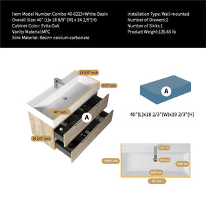 Combo-T 40'' Floating Single Vanity with Gloss white Resin Stone Sink TONA Bathroom Furniture