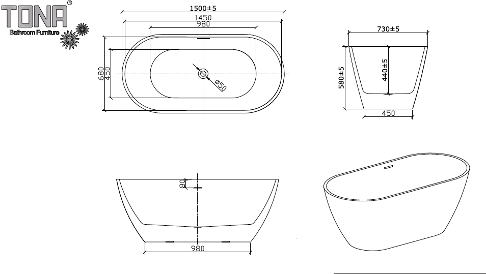 TONA FLORA-T ACRYLIC FREESTAND BATHTUB (59'' / 67'')