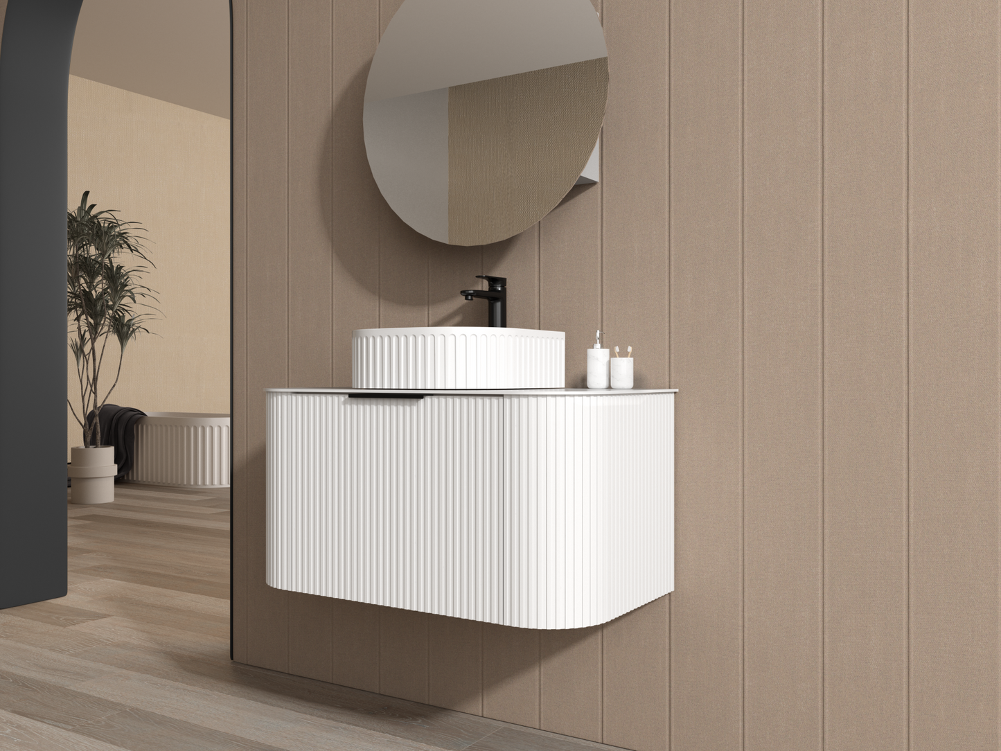 Manto Wall-mounted Curved Fluted Facade Engineered Stone Countertop Inspired by Greek Columns Bathroom Vanity Set，White