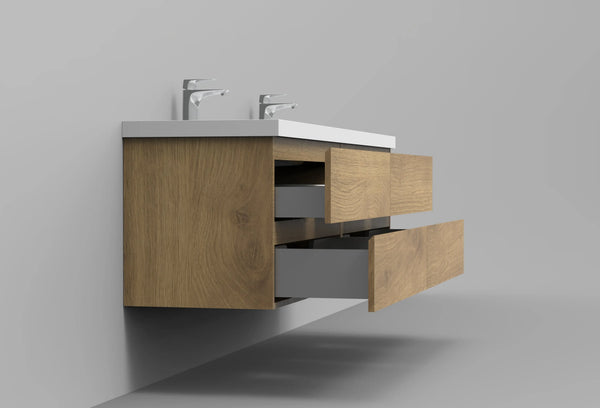 Angela 72'' Floating Double Vanity in Andean Oak Texture with White Countertop TONA Bathroom Furniture