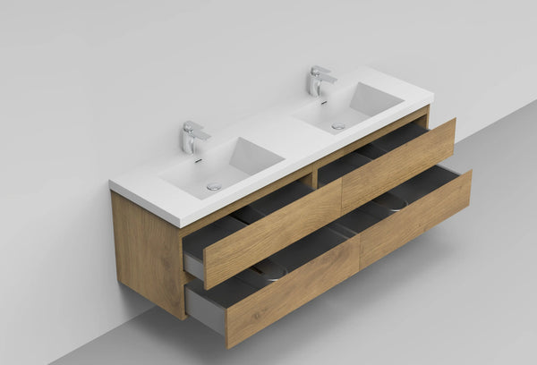 Angela 72'' Floating Double Vanity in Andean Oak Texture with White Countertop TONA Bathroom Furniture