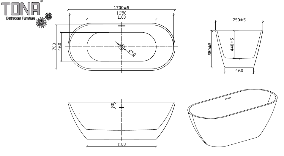 TONA FLORA-T ACRYLIC FREESTAND BATHTUB (59'' / 67'')
