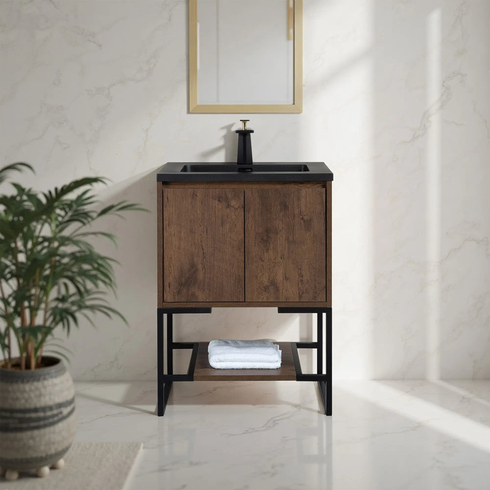 Allen 24'' Freestanding Single Vanity with Solid Surface Basin, Rose Wood TONA Bathroom Furniture