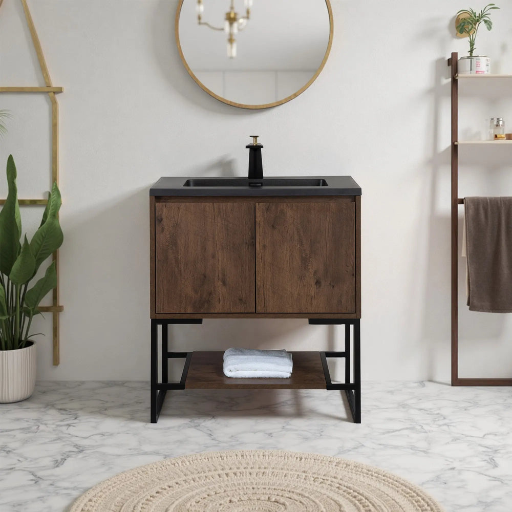 Allen 30'' Freestanding Single Vanity with Solid Surface Basin, Rose Wood TONA Bathroom Furniture